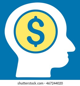 Banker icon. Vector style is bicolor flat iconic symbol with rounded angles, yellow and white colors, blue background.