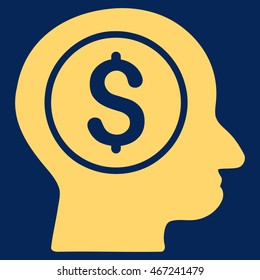 Banker icon. Vector style is flat iconic symbol with rounded angles, yellow color, blue background.