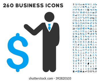 Banker icon within 260 vector business pictogram set. Style is bicolor flat symbols, light blue and gray colors, white background.