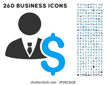 Banker icon within 260 vector business pictogram set. Style is bicolor flat symbols, light blue and gray colors, white background.