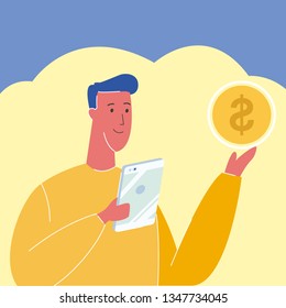 Banker, Investor, Accounter Vector Illustration. Financial Consultant with Golden Coin. Male Character Holding Tablet. Income, Profit. Savings, Earnings. Blogger. Dollar, Currency. Banking, Money Loan