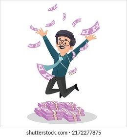 Banker is jumping on money in happiness. Vector graphic illustration. Individually on white background.	