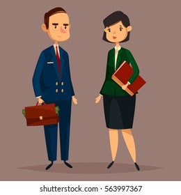 Banker man with dollar banknotes in bag or case and finance woman with document folder. Cartoon worker of bank in suit with necktie and financial consultant. Job and economic, office theme.