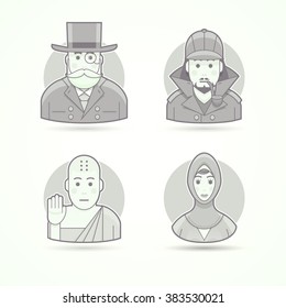 Banker, money bag, detective Sherlock Holmes, Buddhistic monk, Islamic woman. Character icon, user avatar, person. Flat vector cartoon people.