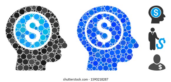 Banker mosaic of circle elements in variable sizes and color tinges, based on banker icon. Vector circle elements are combined into blue illustration. Dotted banker icon in usual and blue versions.