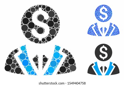 Banker mosaic of circle elements in various sizes and color tones, based on banker icon. Vector circle elements are composed into blue composition. Dotted banker icon in usual and blue versions.