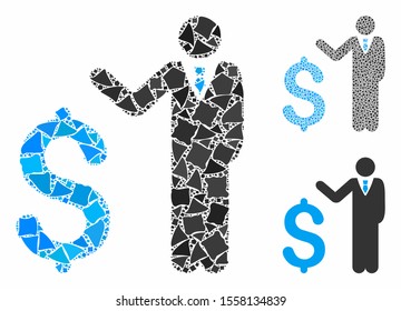 Banker mosaic of ragged elements in variable sizes and shades, based on banker icon. Vector tremulant elements are united into mosaic. Banker icons collage with dotted pattern.