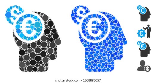 Banker mosaic of round dots in variable sizes and color tones, based on banker icon. Vector round dots are organized into blue collage. Dotted banker icon in usual and blue versions.