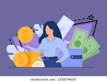 Banker offering loan. Investor or entrepreneur getting income. Woman with heap of cash, sack and wallet. Vector illustration for finance, money, financial success, profit, business concept