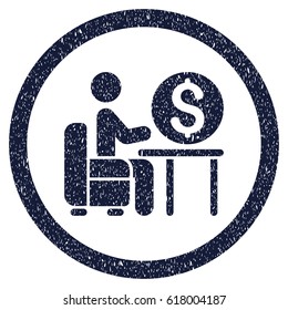 Banker Office grainy textured icon inside circle for overlay watermark stamps. Flat symbol with scratched texture. Circled vector indigo blue rubber seal stamp with grunge design.
