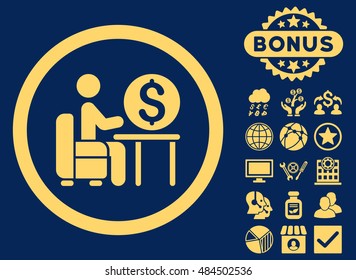 Banker Office icon with bonus elements. Vector illustration style is flat iconic symbols, yellow color, blue background.