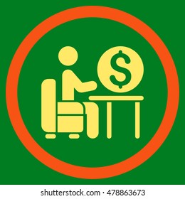 Banker Office vector bicolor rounded icon. Image style is a flat icon symbol inside a circle, orange and yellow colors, green background.