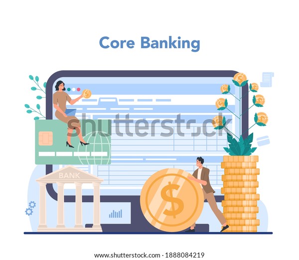 Banker online service or platform. Idea of finance\
income, money saving and wealth. Online core banking. Vector\
illustration in flat\
style