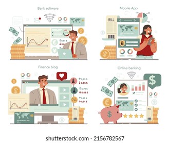 Banker online service or platform set. Finance income, money saving. Depositing, loan and bank cash operation sevice. Online banking, blog, bank software, mobile app. Flat vector illustration