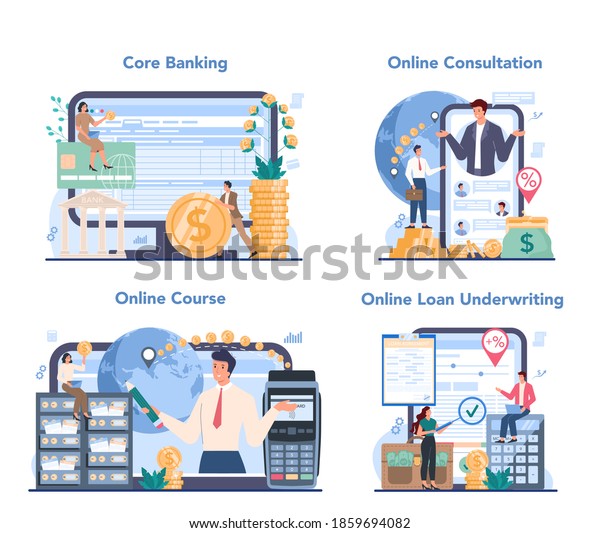 Banker\
online service or platform set. Idea of finance income, money\
saving and wealth. Online consultation, course, loan underwriting,\
core banking. Vector illustration in flat\
style