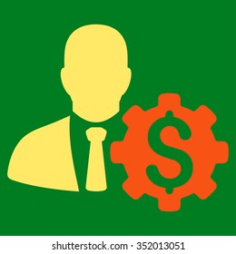 Banker Options vector icon. Style is bicolor flat symbol, orange and yellow colors, rounded angles, green background.