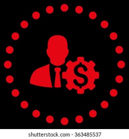 Banker Options vector icon. Style is flat circled symbol, red color, rounded angles, black background.