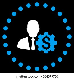 Banker Options vector icon. Style is bicolor flat circled symbol, blue and white colors, rounded angles, black background.
