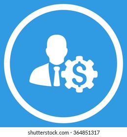 Banker Options vector icon. Style is flat circled symbol, white color, rounded angles, blue background.