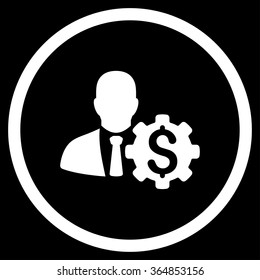 Banker Options vector icon. Style is flat circled symbol, white color, rounded angles, black background.