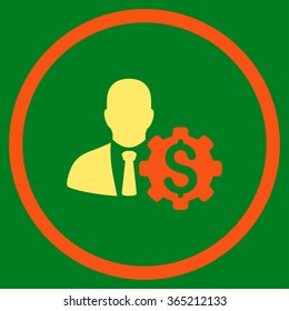 Banker Options vector icon. Style is bicolor flat circled symbol, orange and yellow colors, rounded angles, green background.