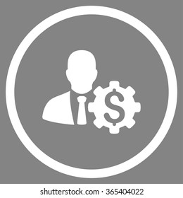 Banker Options vector icon. Style is flat circled symbol, white color, rounded angles, gray background.