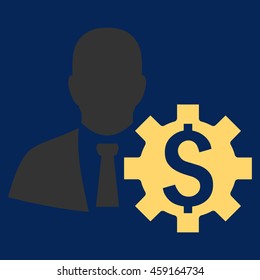 Banker Options vector icon. Style is flat symbol, yellow color, blue background.