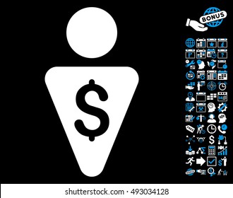 Banker pictograph with bonus calendar and time management design elements. Vector illustration style is flat iconic bicolor symbols, blue and white colors, black background.