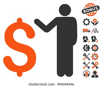 Banker pictograph with bonus tools clip art. Vector illustration style is flat iconic bicolor symbols, orange and gray colors, white background.