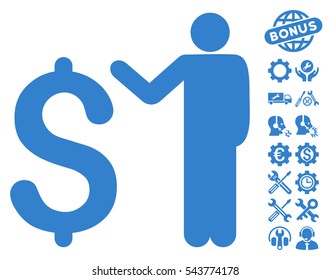 Banker pictograph with bonus tools images. Vector illustration style is flat iconic symbols, cobalt color, white background.