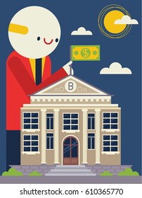 Banker Places a Bill Flag on top of Bank