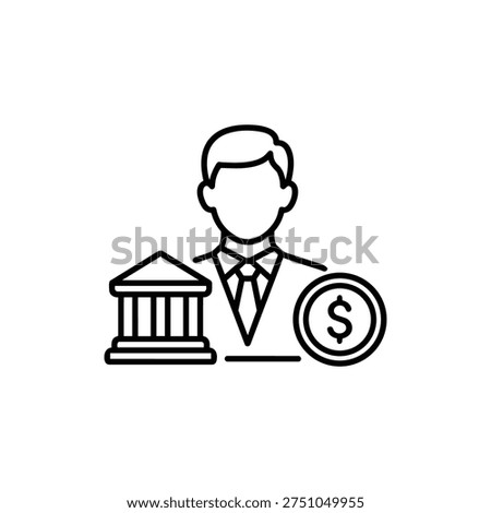 Banker profession line icon black and white banker profession outline with bank building and dollar coin