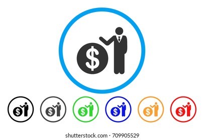 Banker rounded icon. Vector illustration style is a grey flat iconic banker symbol inside a circle. Additional color versions are black, grey, green, blue, red, orange.