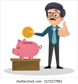 Banker is saving money in piggy bank and showing thumbs up sign. Vector graphic illustration. Individually on white background.	