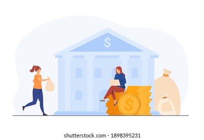 Banker taking clients money for saving. Trader or broker with laptop working on cash. Flat vector illustration. Banking, finance, stock market concept for banner, website design or landing web page