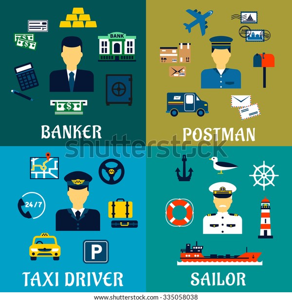 Banker, taxi driver, postman and sailor professions flat
icons of men in uniforms with banking, transportation, postal and
marine symbols 