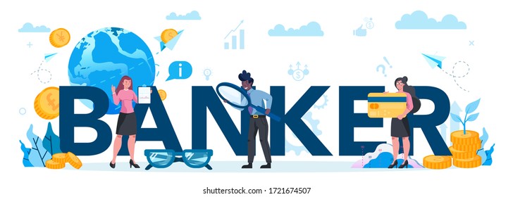 Banker typografische Header Konzept. Idee von Finanzeinkommen, Geldsparen und Vermögen. Einlage und Investition eines Beitrags in die Bank. Vektorgrafik in Flachstil