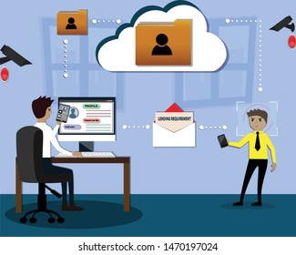 The banker was using data and facial recognition from cloud for analyzed customer – Vector Illustration
