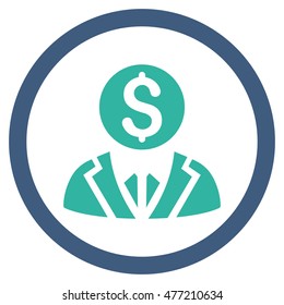 Banker vector bicolor rounded icon. Image style is a flat icon symbol inside a circle, cobalt and cyan colors, white background.