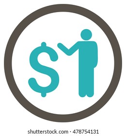 Banker vector bicolor rounded icon. Image style is a flat icon symbol inside a circle, grey and cyan colors, white background.
