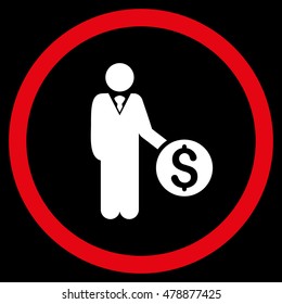 Banker vector bicolor rounded icon. Image style is a flat icon symbol inside a circle, red and white colors, black background.