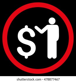 Banker vector bicolor rounded icon. Image style is a flat icon symbol inside a circle, red and white colors, black background.