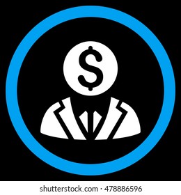 Banker vector bicolor rounded icon. Image style is a flat icon symbol inside a circle, blue and white colors, black background.