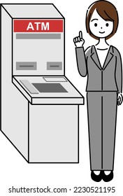 A banker woman smiling and standing in front of an ATM