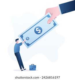 Banker's giant hand takes money from a businessman. Taxes, loan payments, debt payment. Debtor does not want to give his money, bankruptcy, poverty. Financial crisis. flat vector illustration