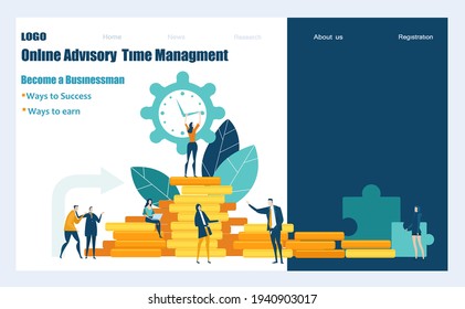 Bankers, investors working together next to golden coins. Flat design website template, app page. Financial services, banking, strategic planning, development, business solutions, consulting concept