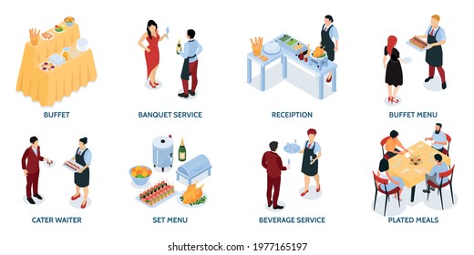 Banket reception buffet service food stations appetizers grilled meat salads wine waiters attendees isometric compositions vector illustration