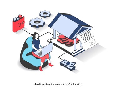 Concepto isométrico 3d bancario con diseño de personas de isometría para Web. Mujer que gestiona la Cuenta financiera, paga facturas o compra en línea usando una computadora portátil y cambia moneda digital. Ilustración vectorial.