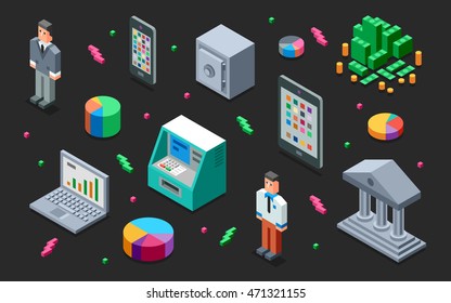 Banking 3D Isometric Illustration on Dark. Low Poly Flat Design.  