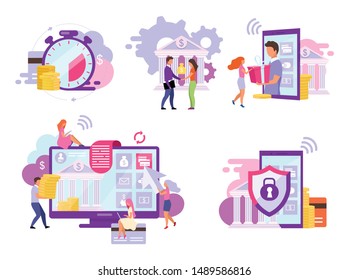 Banking account flat vector illustrations set. Customized solutions and high protection services. Mobile deposits, instant e payments concepts. Bill pay, online investments, money transfer metaphors